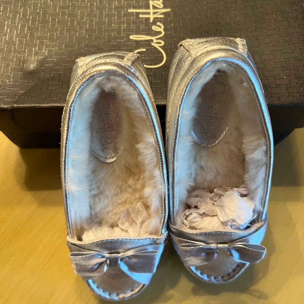 Cole Han girls loafers silver metallic